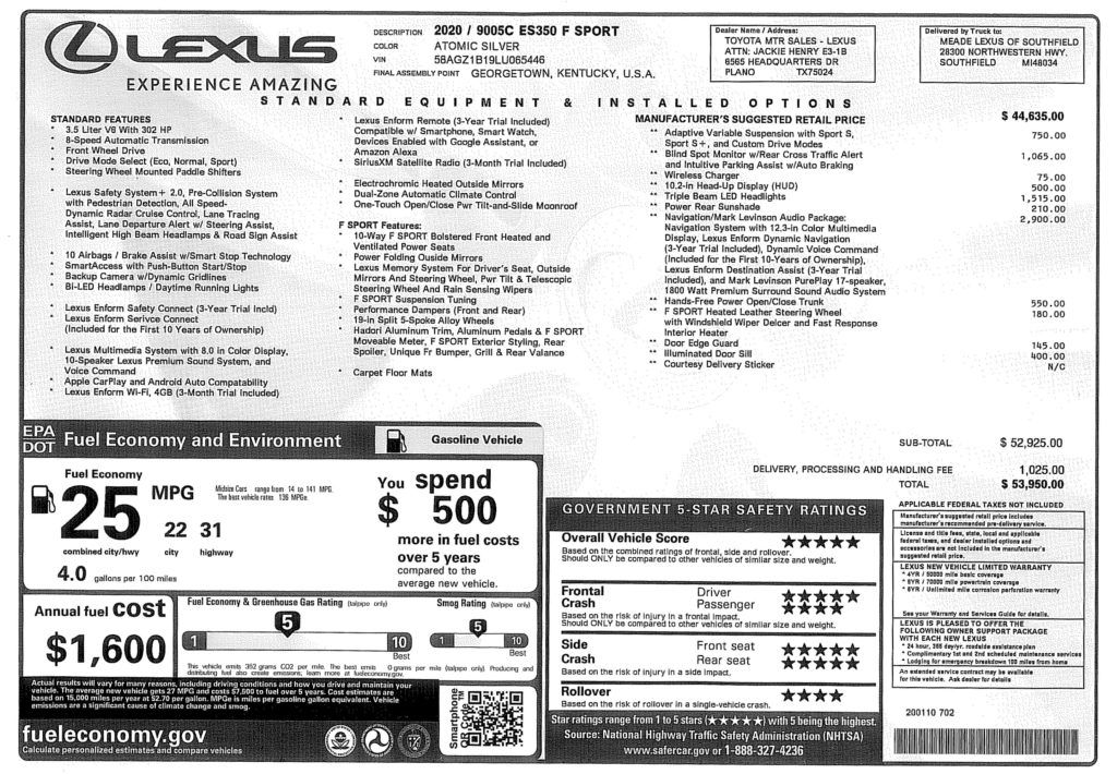 Window sticker of a Lexus ES sedan. The MSRP appears in the bottom right-hand corner, just above the safety-ratings column. The invoice price will not be listed on a window sticker (MSRP vs. invoice price).